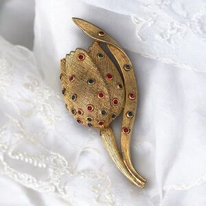 Vintage Signed Ciner Gold and Rhinestone Flower Brooch Pin Blue Pink Crystals 3”